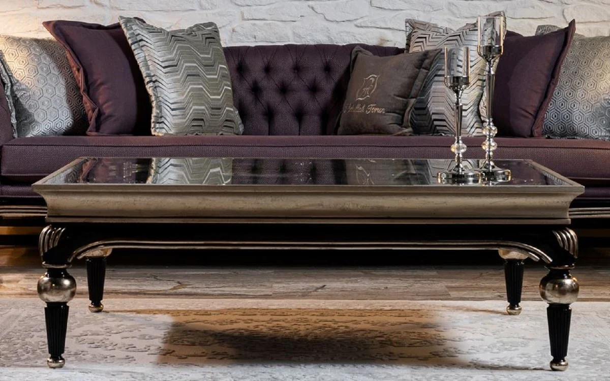 Luxus Barock Couchtisch Silber / Schwarz - Handgefertigter Massivholz Wohnzimmertisch mit Glasplatte - Barock Wohnzimmer Möbel