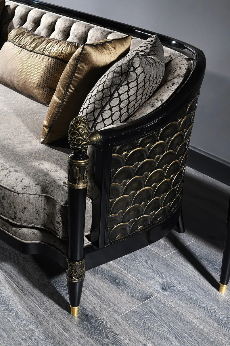 Luxus Barock Chesterfield Sofa Silbergrau / Schwarz / Gold 231 x 94 x H. 83 cm - Barock Wohnzimmermöbel