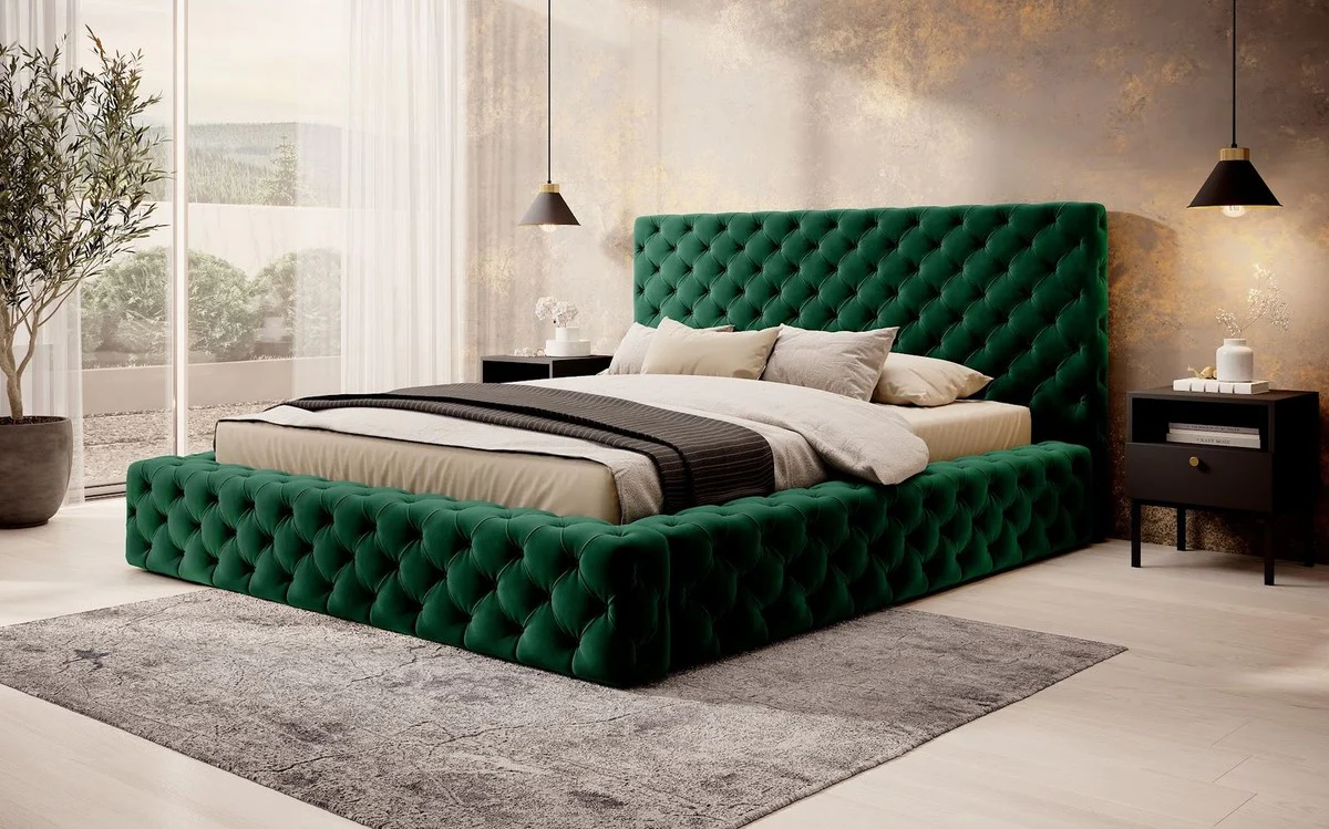 Luxus Chesterfield Samt Doppelbett mit Matratze Grün - Verschiedene Größen