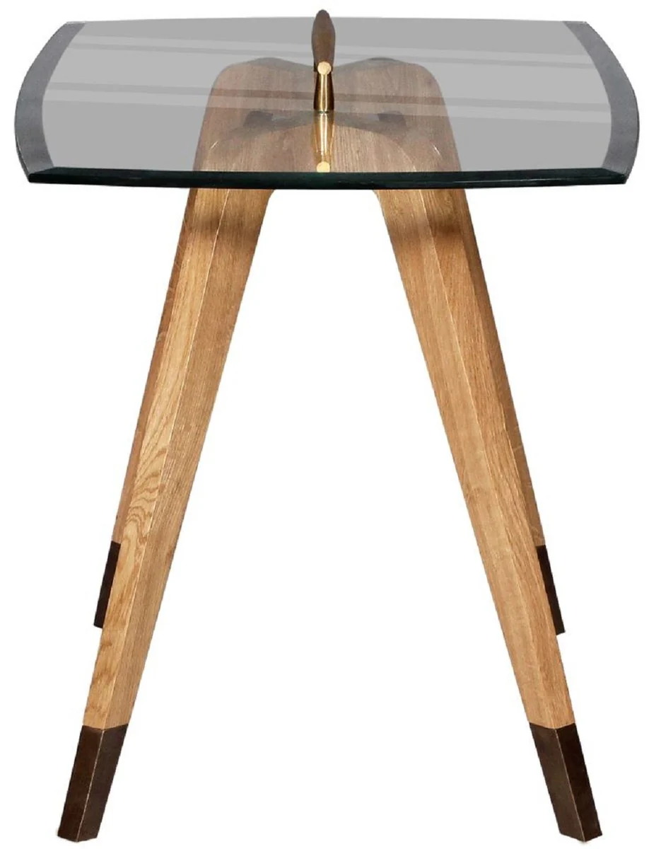 Luxus Beistelltisch Naturfarben / Braun / Messingfarben 60 x 40 x H. 53 cm - Moderner Tisch mit Glasplatte und Tragegriff - Wohnzimmer Möbel - Luxus Kollektion