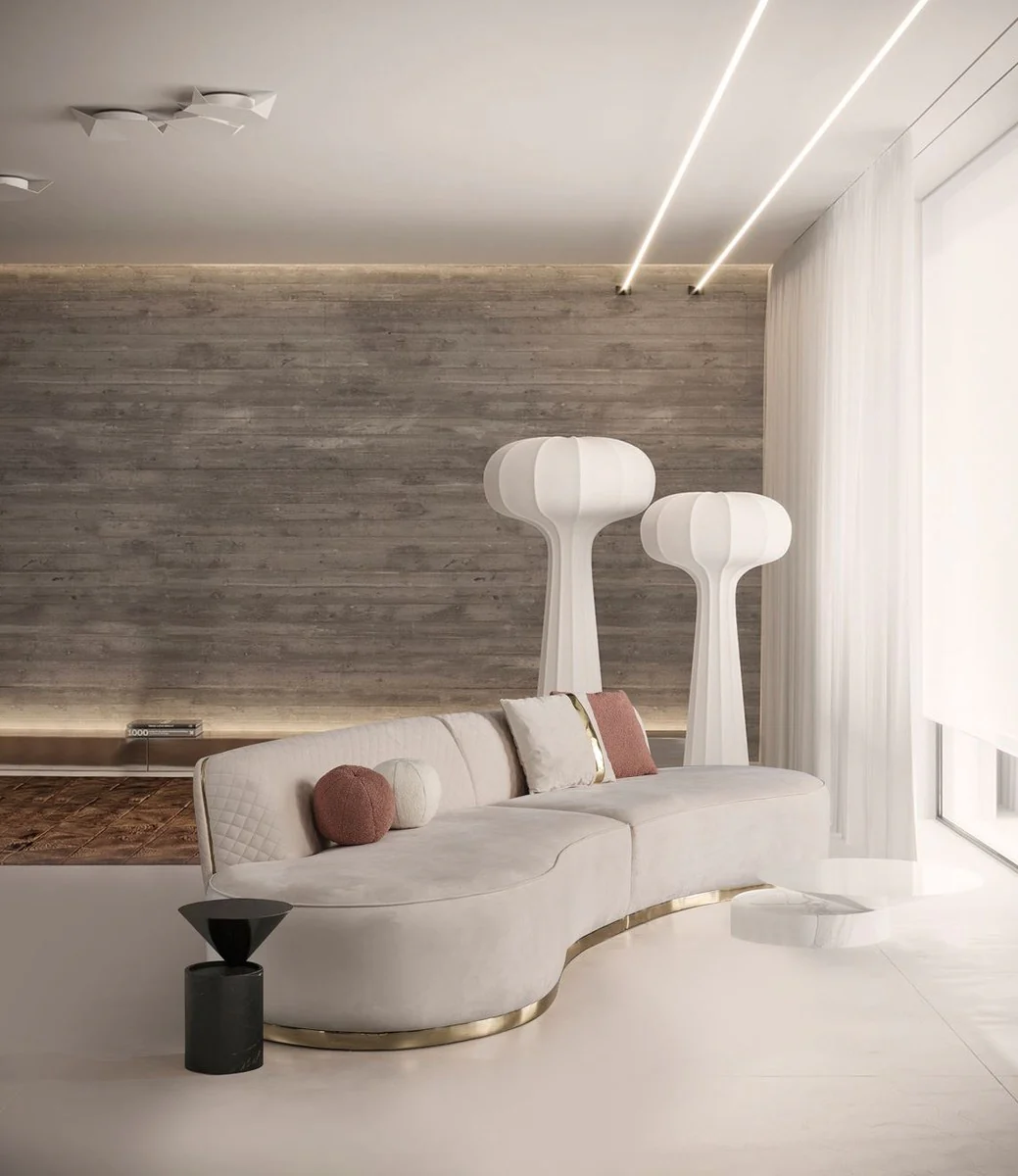 Luxus Samt 4er Sofa Creme / Gold 330 x 120 x H. 76 cm - Wohnzimmer Sofa mit edlem Samtstoff - Wohnzimmer Möbel - Luxus Möbel - Wohnzimmer Einrichtung - Luxus Einrichtung