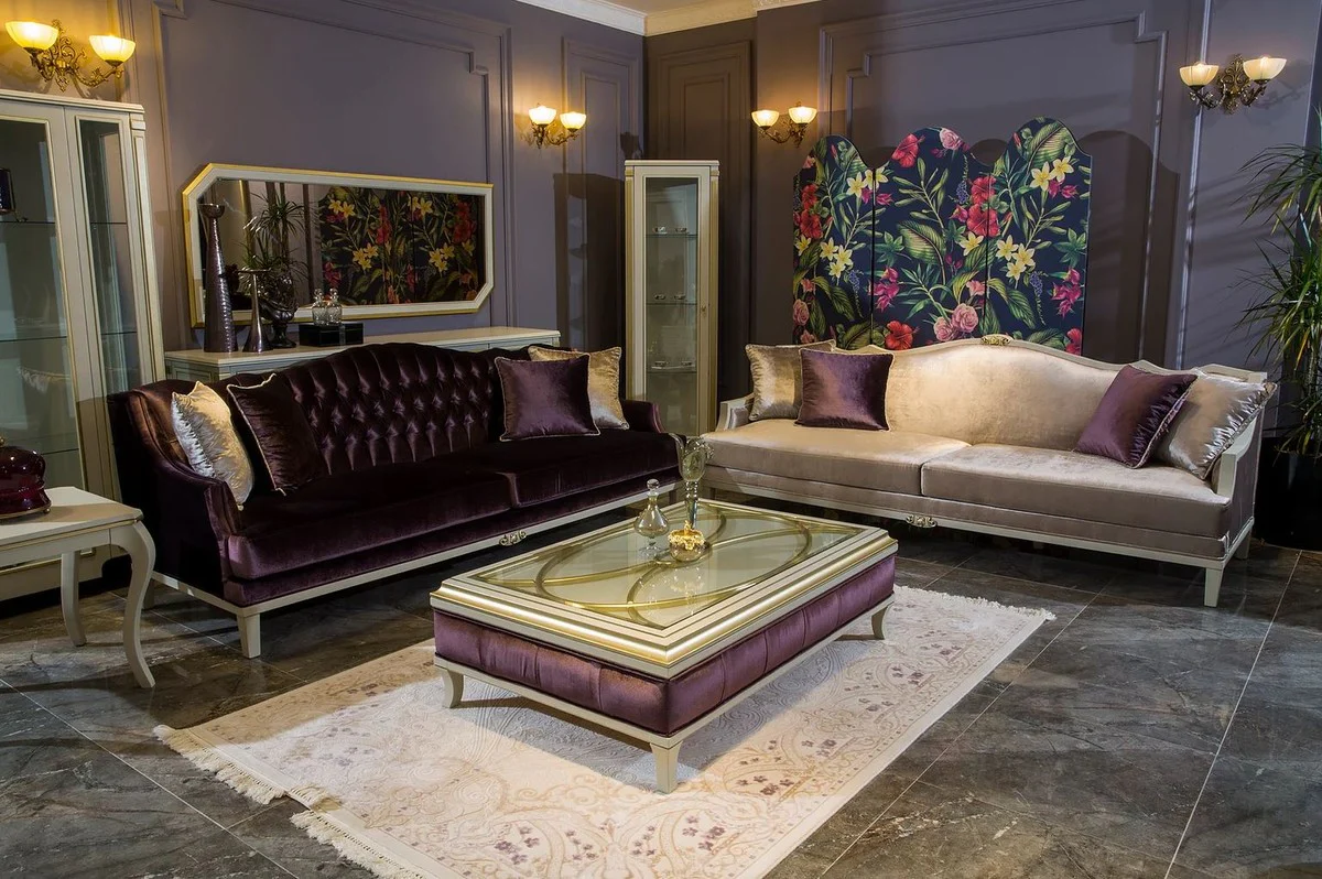 Luxus Barock Sofa Rosa / Weiß / Gold 239 x 83 x H. 93 cm - Edles Wohnzimmer Sofa mit dekorativen Kissen - Barock Wohnzimmer Möbel