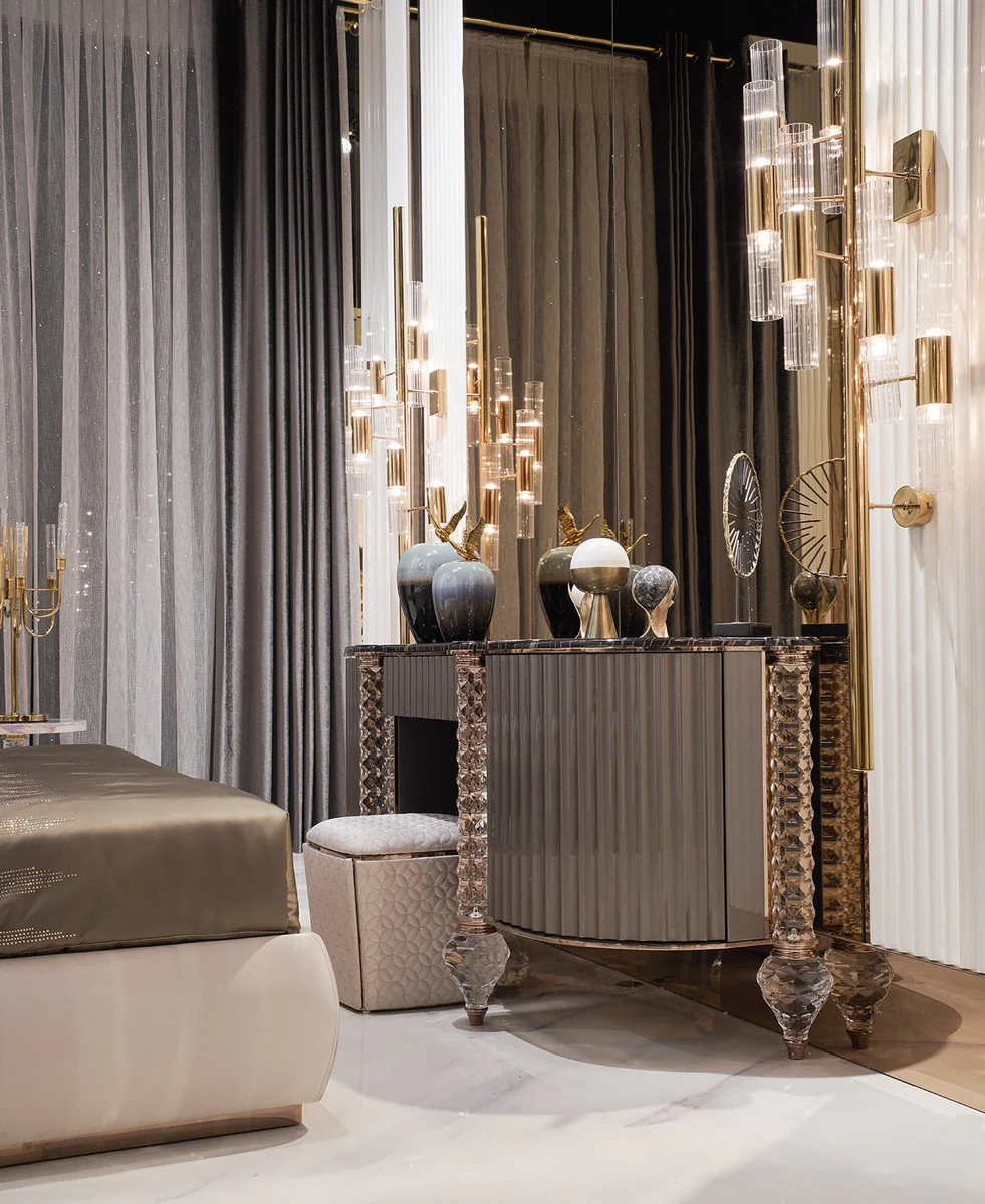 Luxus Art Deco Schminkkommode Schwarz / Grau / Kupfer 188 x 60 x H. 89 cm - Schminktisch mit Kunstmarmor Platte - Art Deco Schlafzimmer Möbel - Luxus Schlafzimmer Möbel