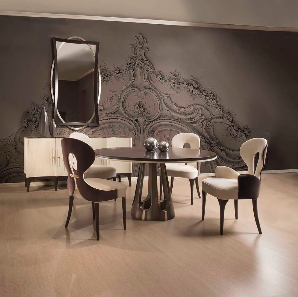 Luxus Art Deco Esszimmer Set Creme / Braun / Gold - 1 Runder Luxus Art Deco Esstisch & 4 Luxus Art Deco Esszimmerstühle - Art Deco Esszimmer Möbel - Luxus Qualität - Made in Italy