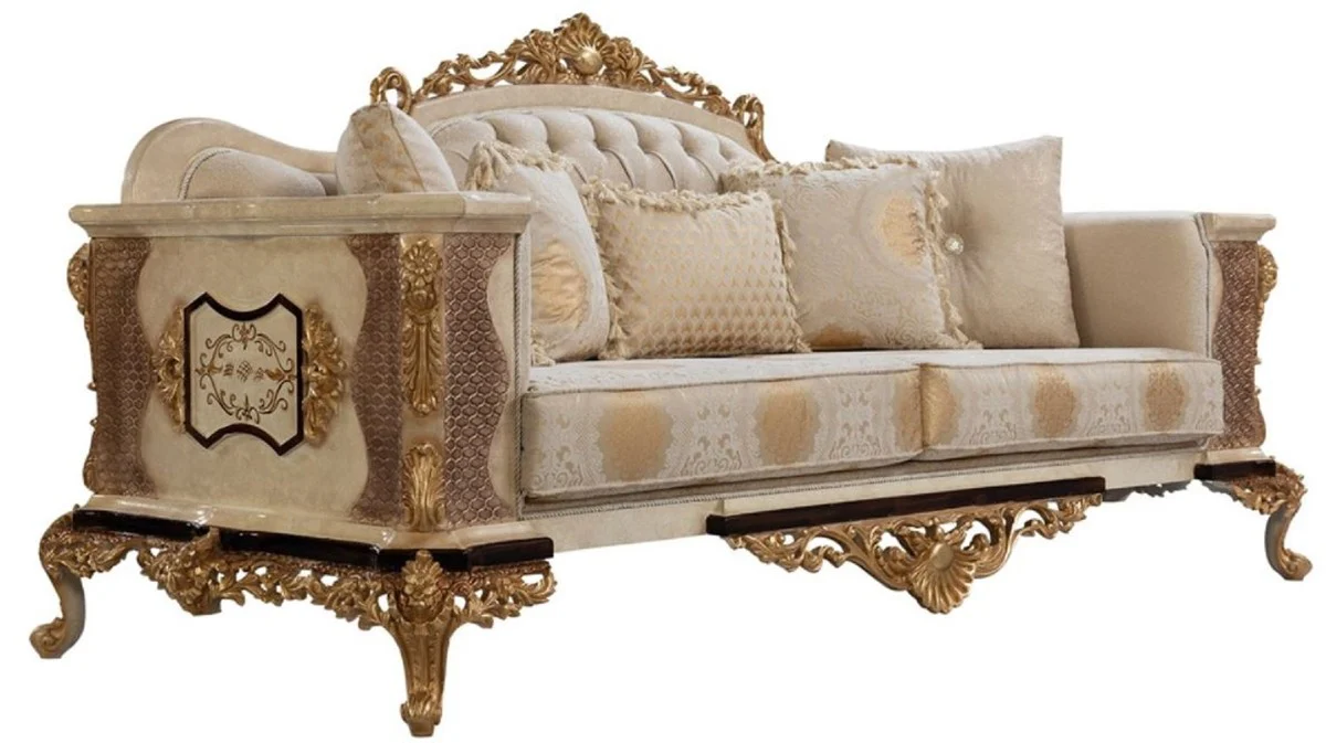 Luxus Barock Sofa Weiß / Beige / Creme / Schwarz / Gold - Barockstil Wohnzimmer Sofa mit elegantem Muster - Luxus Wohnzimmer Möbel im Barockstil - Barock Möbel - Barock Einrichtung