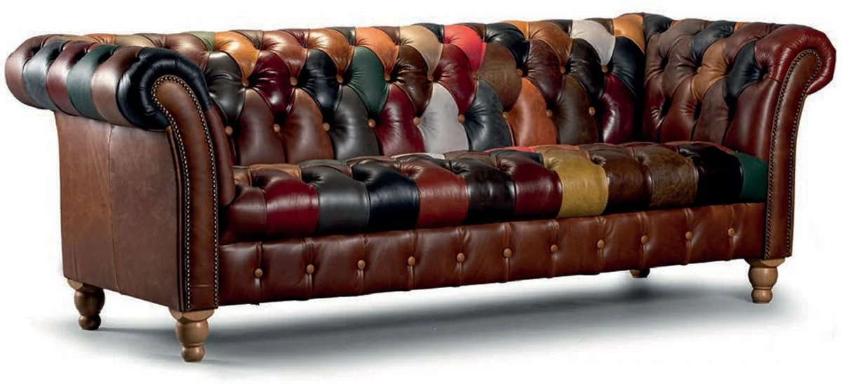 Luxus Chesterfield Echtleder 3er Sofa Braun / Bunt 235 cm