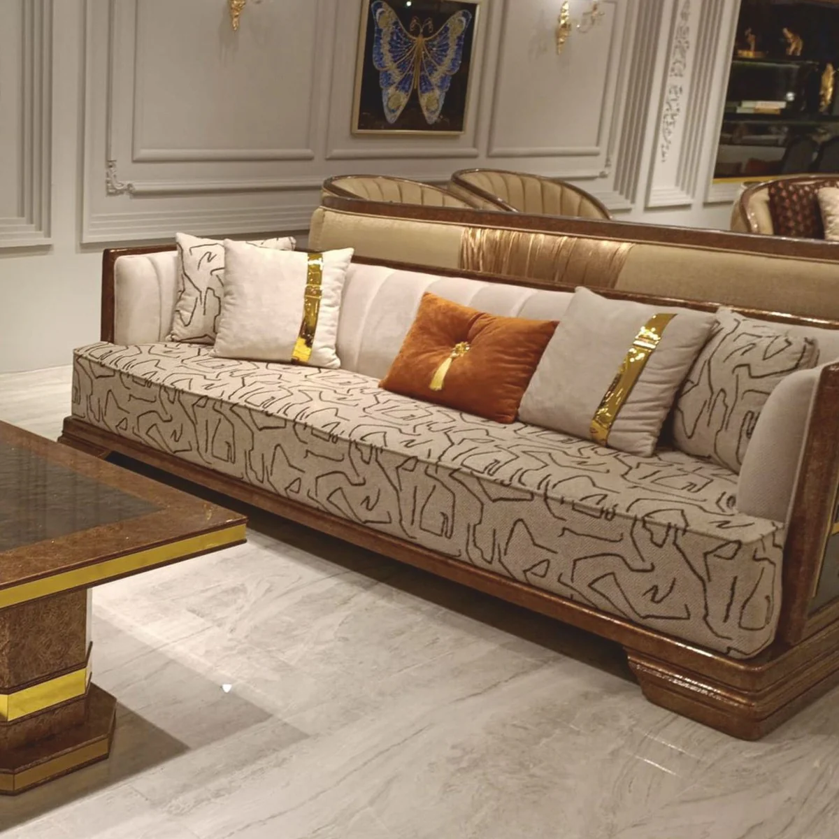 Luxus Art Deco Sofa Grau / Braun / Gold 238 cm - Wohnzimmer Möbel