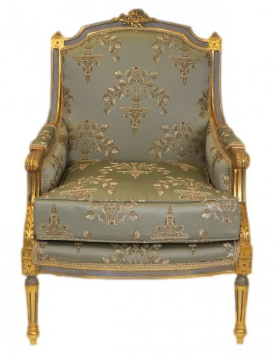 Barock Lounge Thron Sessel Empire Jadegrün Muster / Gold - Ohren Sessel - Ohrensessel Tron Stuhl