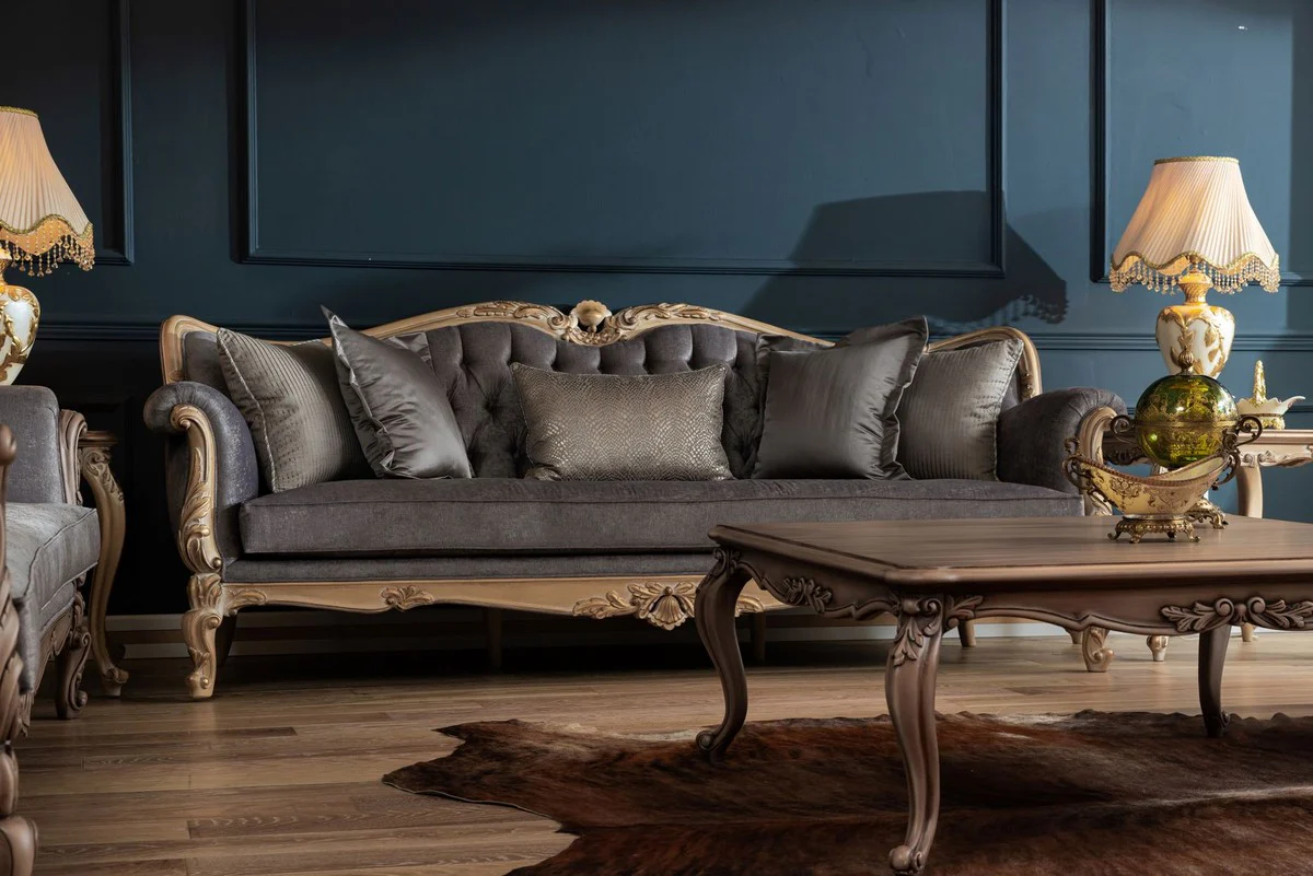 Luxus Barock Sofa Grau / Naturfarben - Handgefertigtes Wohnzimmer Sofa im Barockstil - Barock Wohnzimmer Möbel