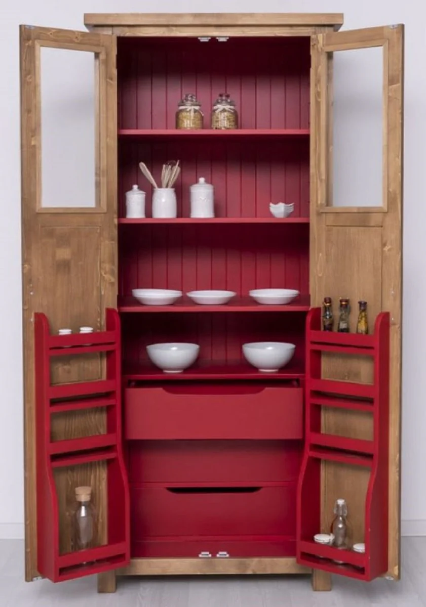 Landhausstil Esszimmerschrank Naturfarben / Rot 96 x 65 x H. 220 cm - Massivholz Küchenschrank mit 2 Türen - Esszimmer Möbel im Landhausstil - Landhausstil Esszimmer Einrichtung