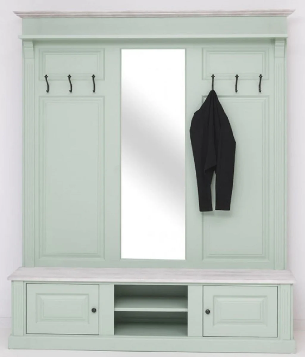 Landhausstil Garderobe Mintgrün / Grau 180 x 41 x H. 210 cm - Massivholz Garderobenschrank mit Spiegel - Massivholz Garderobenmöbel - Landhausstil Garderobenmöbel