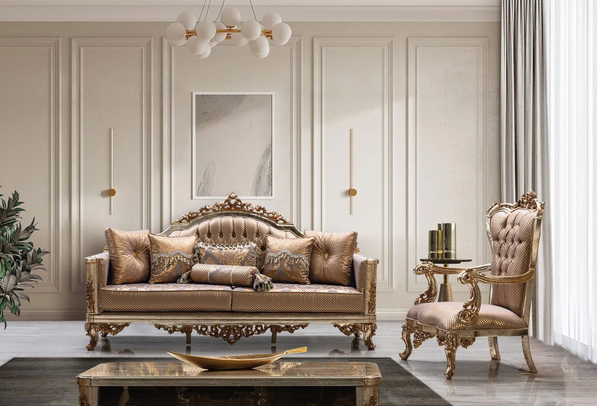 Luxus Barock Sofa Kupfer / Antik Silber / Gold - Barockstil Wohnzimmer Sofa mit elegantem Muster - Luxus Wohnzimmer Möbel im Barockstil - Barock Einrichtung - Barock Möbel