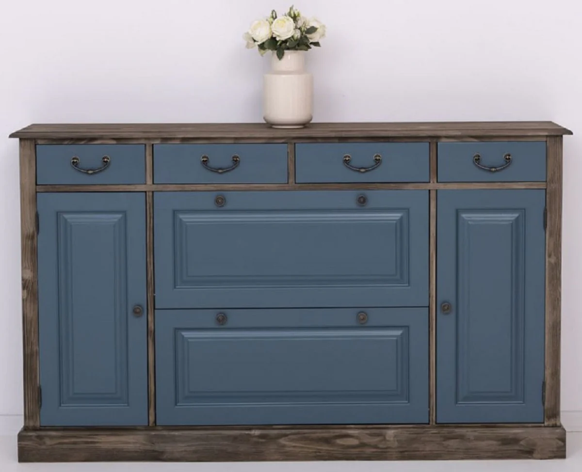 Landhausstil Kommode Blau / Schwarz 176 x 35 x H. 105 cm - Massivholz Schrank mit 6 Schubladen und 2 Türen - Landhausstil Möbel - Möbel im Landhausstil - Landhausstil Einrichtung