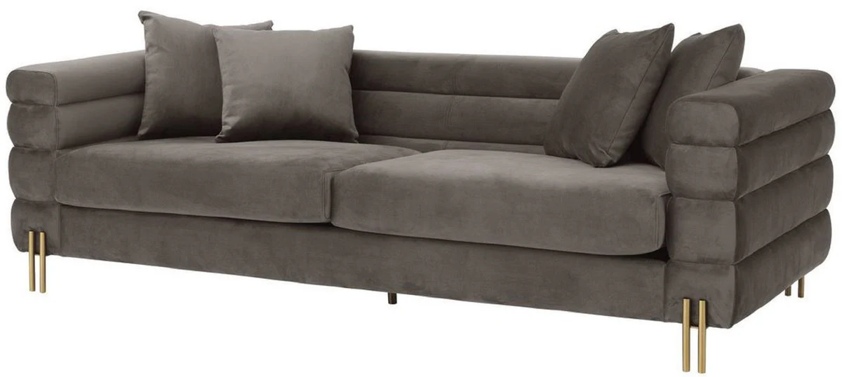 Luxus Couch Grau / Messingfarben 230 x 95 x H. 70,5 cm - Wohnzimmer Sofa mit edlem Samtstoff - Luxus Möbel
