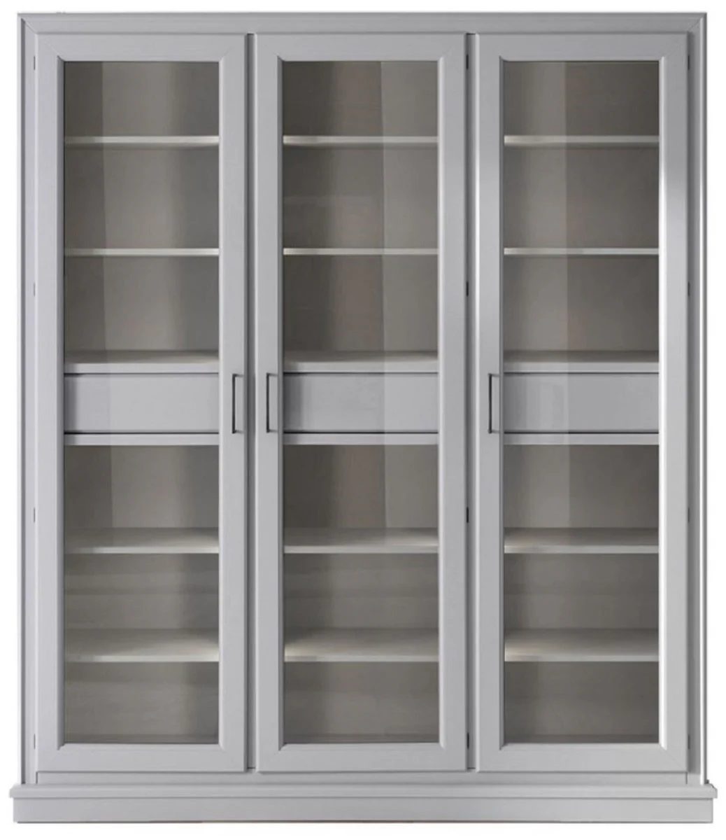 Luxus Bücherschrank mit 3 Türen und LED Beleuchtung Grau 200 x 45 x H. 230 cm - Massivholz Schrank - Wohnzimmerschrank - Regalschrank - Büroschrank - Luxus Möbel - Luxus Einrichtung
