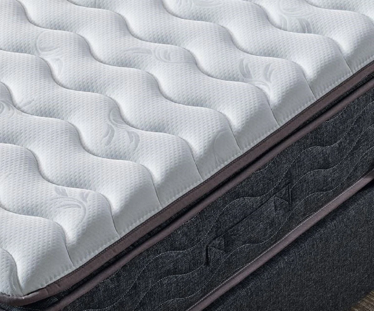 Luxus Doppelbett Grau / Weiß / Schwarz 180 x 200 cm - Massivholz Bett mit Kopfteil und Matratze - Schlafzimmer Möbel - Hotel Möbel - Luxus Möbel - Luxus Einrichtung