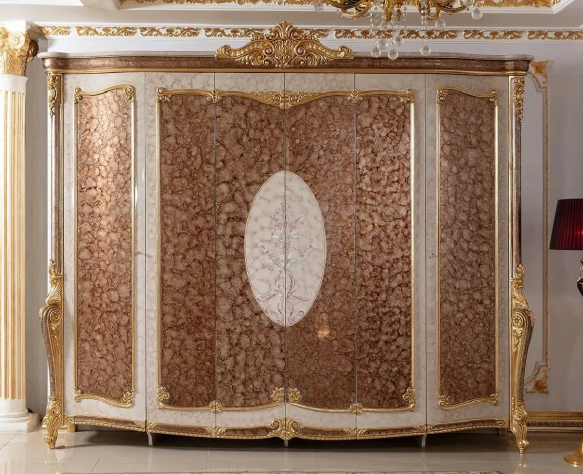 Luxus Barock Schlafzimmerschrank Weiß / Braun / Gold - Prunkvoller Massivholz Kleiderschrank im Barockstil - Barock Schlafzimmer Möbel - Edel & Prunkvoll