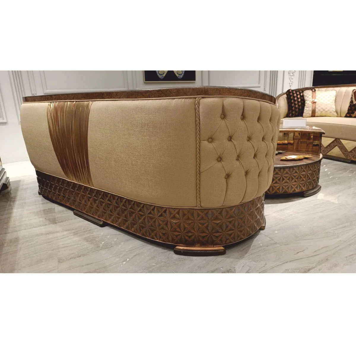 Luxus Art Deco Sofa Gold / Kupfer / Grau 240 cm - Wohnzimmer Möbel