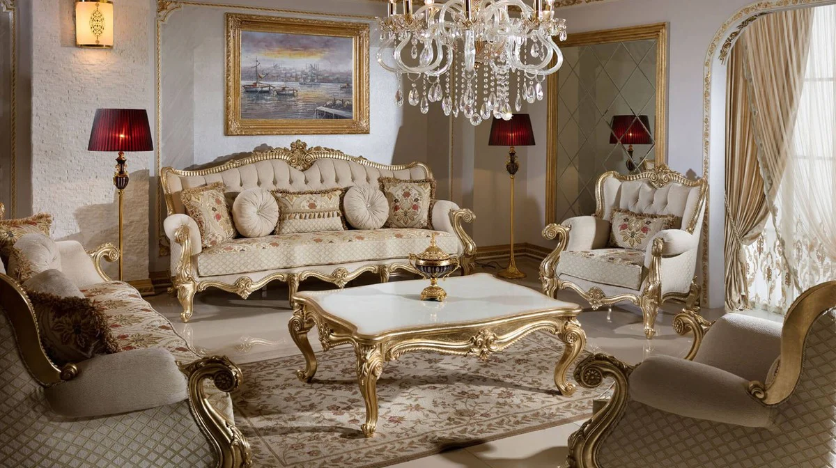 Luxus Barock Couchtisch Weiß / Gold - Prunkvoller Wohnzimmertisch im Barockstil - Luxus Wohnzimmer Möbel im Barockstil - Barock Möbel - Barock Wohnzimmer Einrichtung
