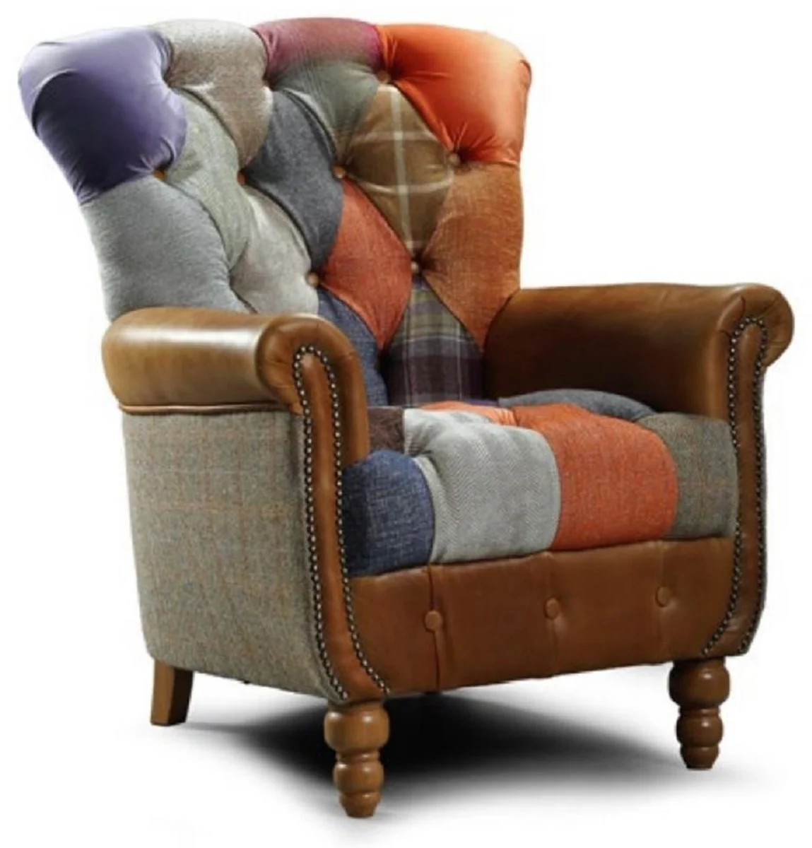 Luxus Chesterfield Wohnzimmer Sessel Mehrfarbig / Grau / Braun 82 x 86 x H. 94 cm - Chesterfield Wohnzimmer Möbel