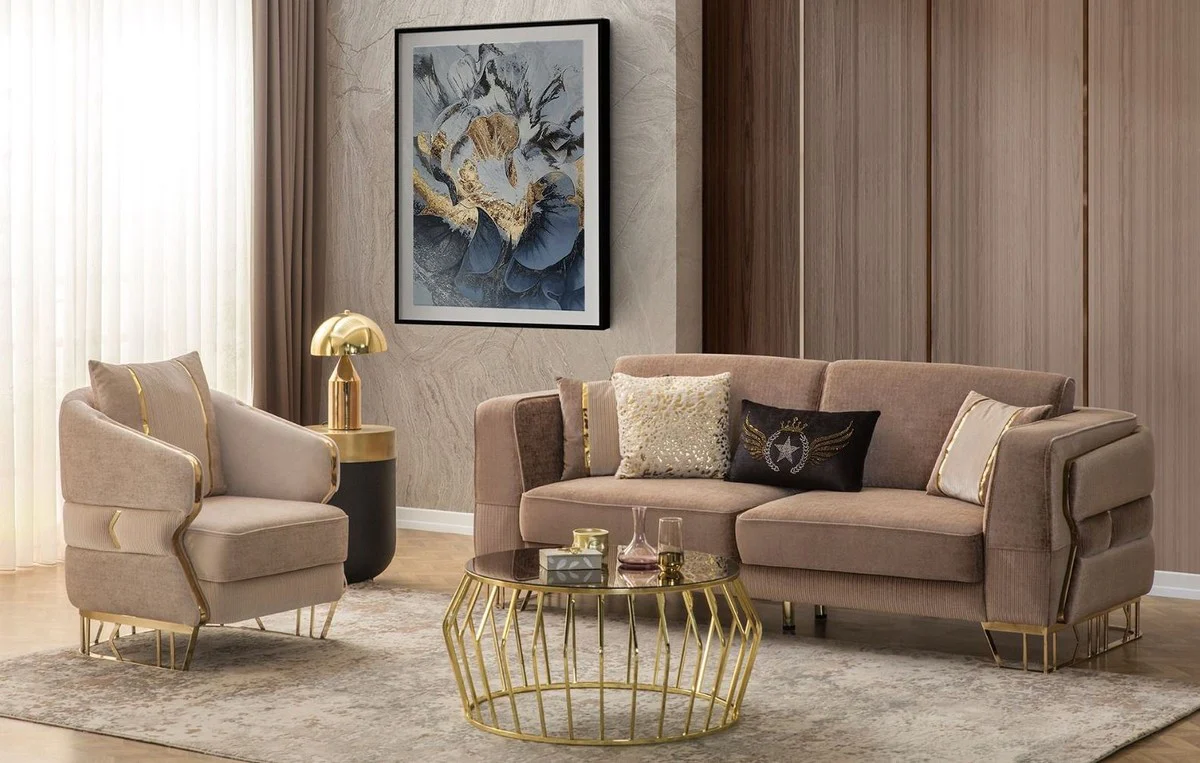 Luxus Sofa Braun / Gold 230 x 90 x H. 77 cm - Wohnzimmer Sofa - Hotel Sofa - Wohnzimmer Möbel - Hotel Möbel - Luxus Möbel - Wohnzimmer Einrichtung - Luxus Einrichtung