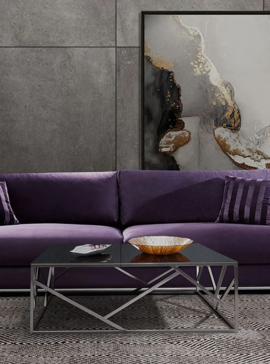 Luxus Couchtisch Silber / Schwarz 125 x 125 x H. 43 cm - Quadratischer Edelstahl Wohnzimmertisch mit Glasplatte - Wohnzimmer Möbel - Luxus Qualität