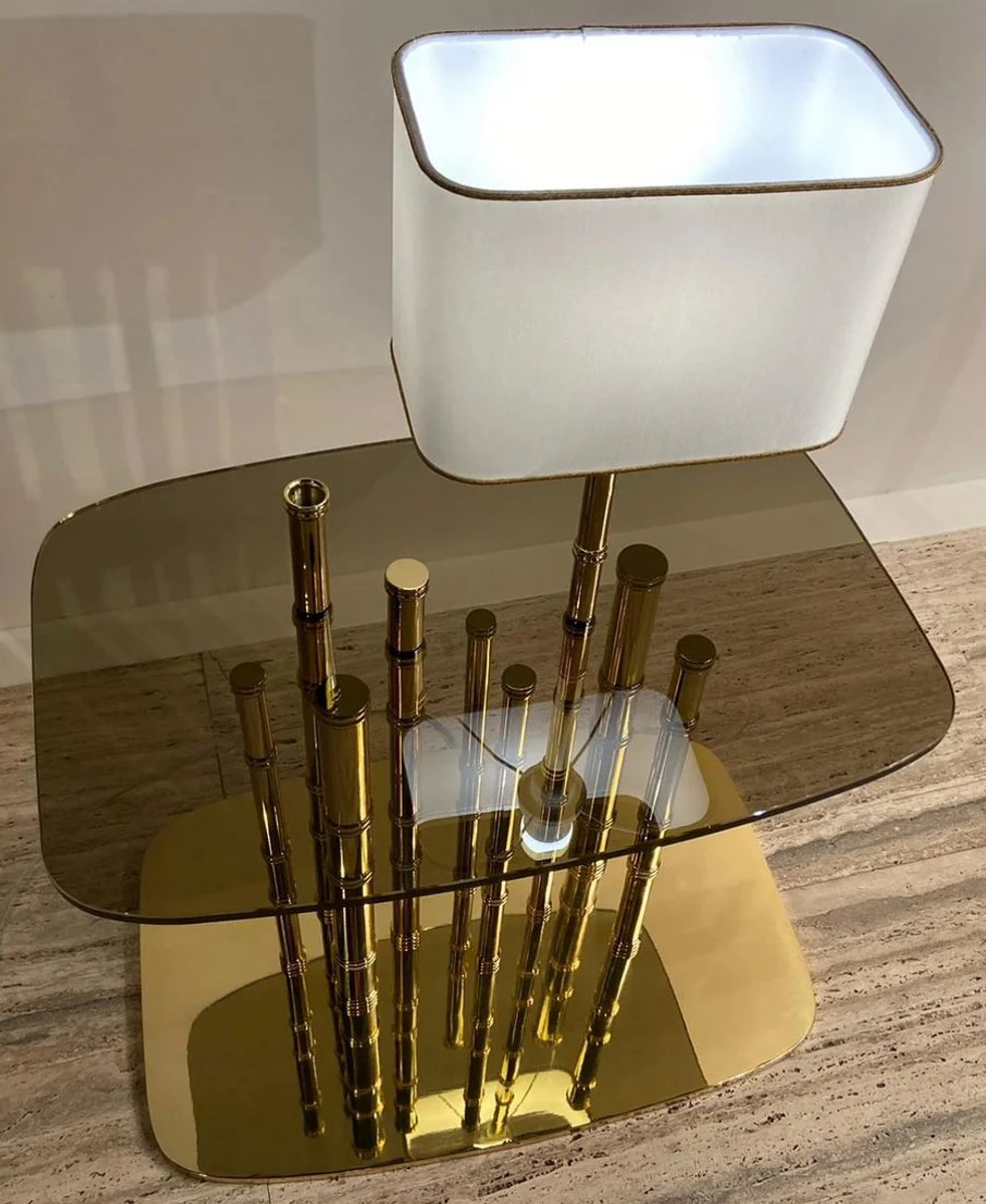 Luxus Designer Beistelltisch Bambus Gold / Schwarz / Weiß 70 x 45 x H. 40 cm - Vergoldeter Messing Nachttisch mit Glasplatte und integrierter Tischleuchte - Hotel Möbel - Luxus Qualität
