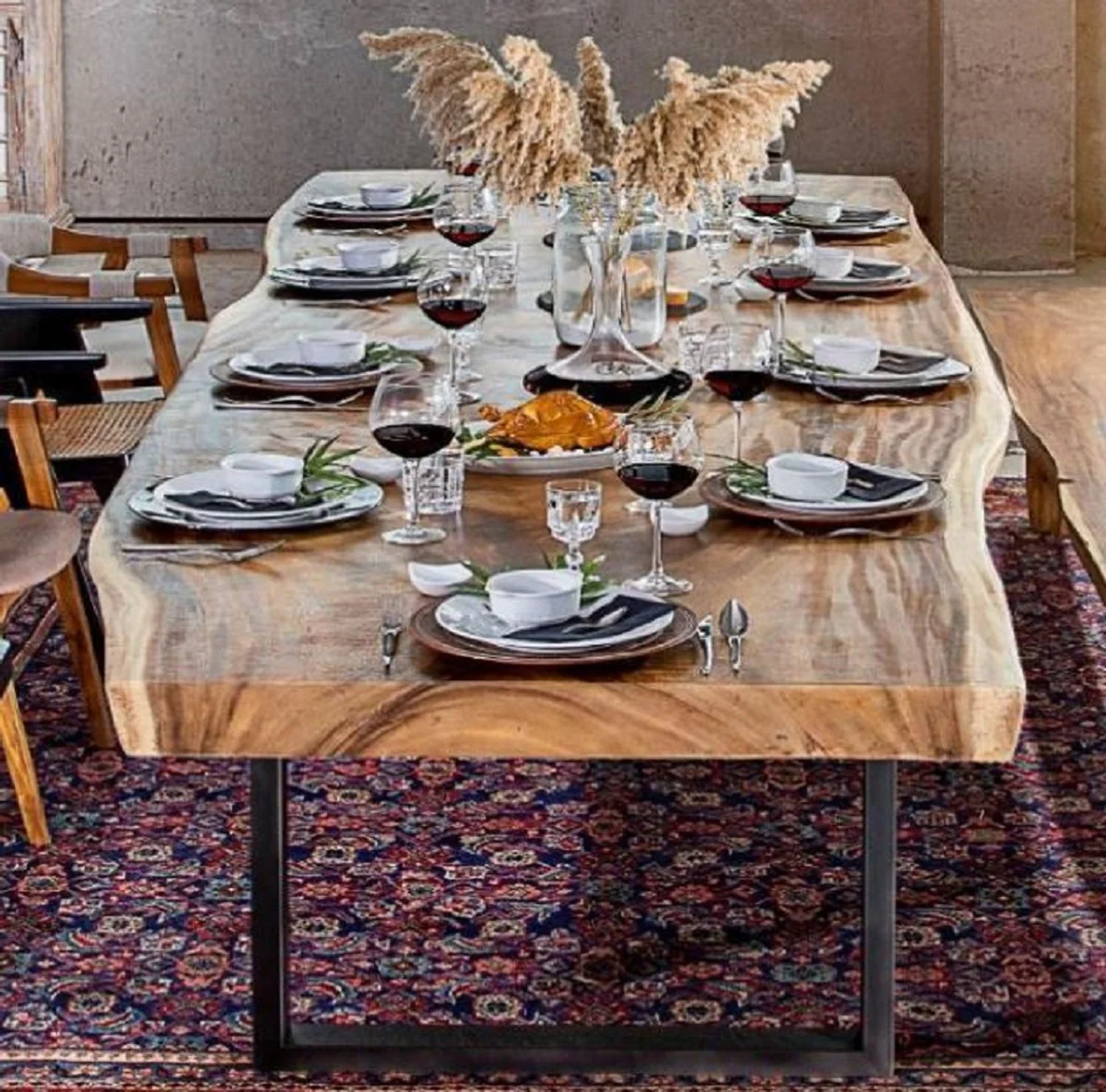 Luxus Esstisch Naturfarben / Schwarz 400 x 100-120 x H. 76 cm - Rechteckiger Küchentisch mit Massivholz Tischplatte - Esszimmer Möbel - Küchen Möbel - Luxus Möbel - Luxus Einrichtung