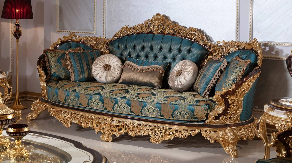 Luxus Barock Sofa Blau / Beige / Braun / Gold - Prunkvolles Wohnzimmer Sofa mit elegantem Muster - Barock Wohnzimmer Möbel - Edel & Prunkvoll