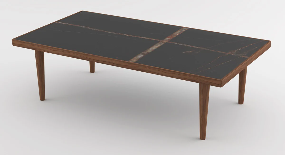 Luxus Couchtisch Braun / Schwarz 130 x 70 x H. 45 cm - Moderner rechteckiger Massivholz Wohnzimmertisch mit Marmorplatte - Luxus Möbel