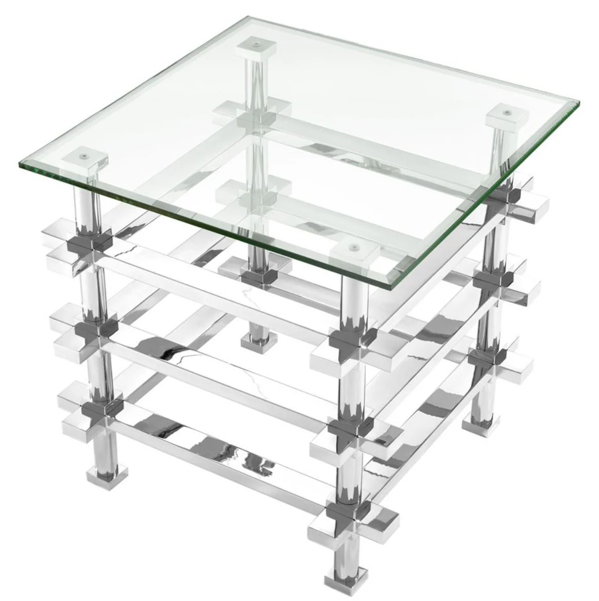 Luxus Beistelltisch Silber 61 x 61 x H. 61 cm - Edelstahl Tisch mit Glasplatte