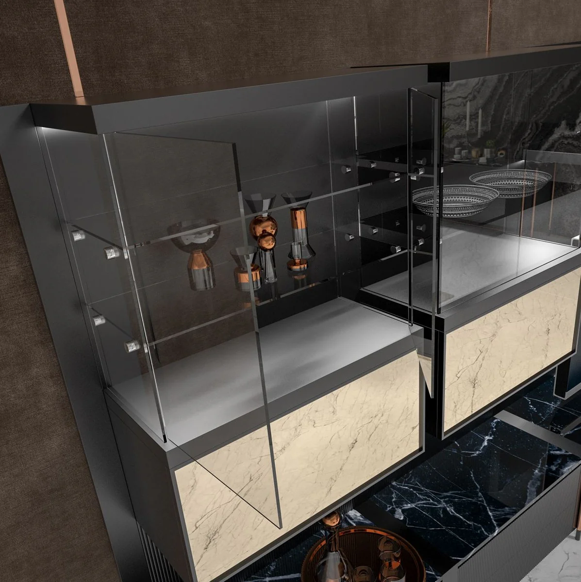 Luxus TV Schrank Matt Schwarz / Schwarz / Kupfer 452 x 47 x H. 202 cm - Wohnzimmer Schrank mit LED Beleuchtung - Wohnzimmer Möbel - Hotel Möbel - Luxus Möbel