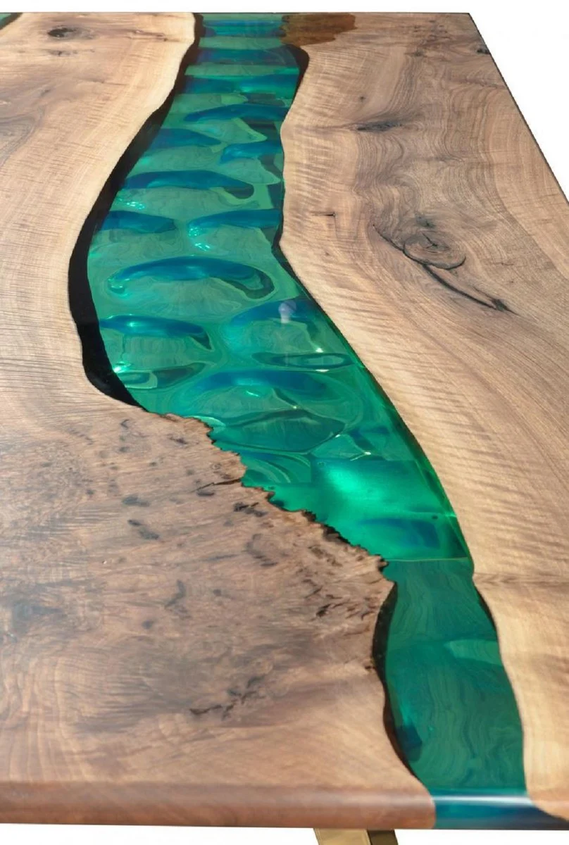 Luxus Esstisch Braun / Grün / Gold 210 x 100 x H. 76 cm - Rechteckiger Küchentisch mit Epoxiharz - Esszimmer Möbel - Epoxiharz Möbel - Luxus Möbel