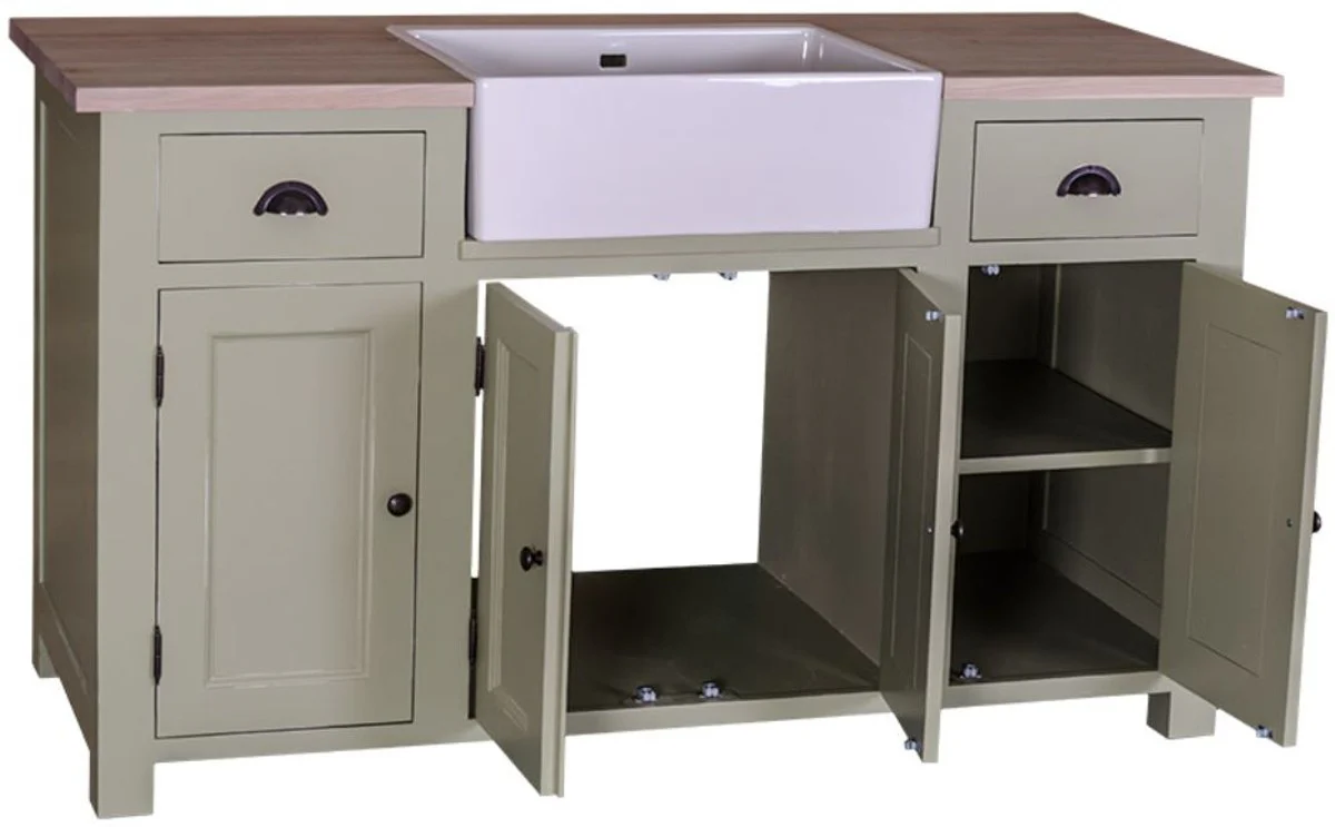 Landhausstil Waschbeckenschrank Hellgrün / Naturfarben 155 x 65 x H. 90 cm - Waschtisch mit 4 Türen und 2 Schubladen