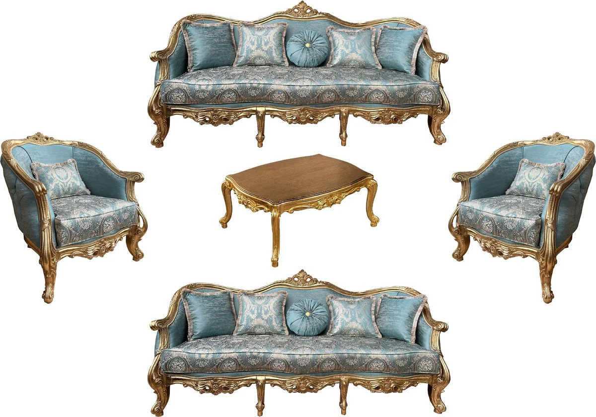 Luxus Barock Wohnzimmer Set Türkis Muster / Gold - 2 Barock Sofas & 2 Barock Sessel & 1 Barock Couchtisch - Luxus Wohnzimmer Möbel im Barockstil - Barock Möbel - Edel & Prunkvoll