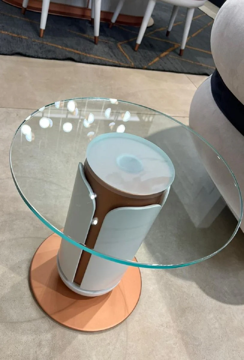 Luxus Beistelltisch Weiß / Kupfer Ø 40 x H. 40 cm - Runder Tisch mit Glasplatte - Wohnzimmer Möbel - Hotel Möbel - Luxus Möbel