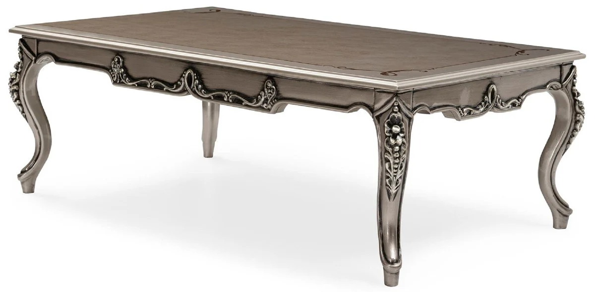 Luxus Barock Couchtisch Silber - Handgefertigter Massivholz Wohnzimmertisch im Barockstil - Barock Möbel - Luxus Möbel im Barockstil - Barock Einrichtung - Edel & Prunkvoll