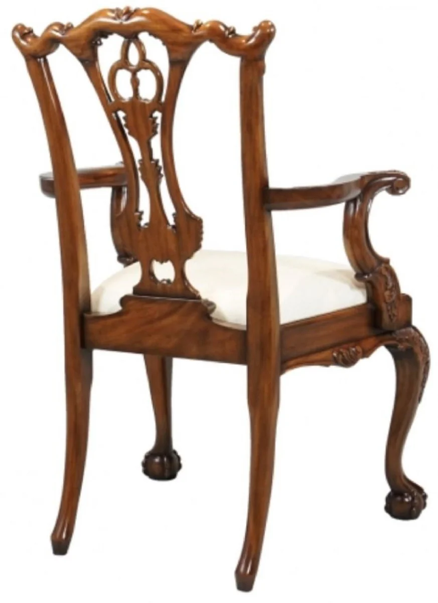 Luxus Barock Esszimmerstuhl mit Armlehnen Weiß / Braun - Gepolsterter Massivholz Stuhl im Barockstil - Barock Esszimmer Möbel