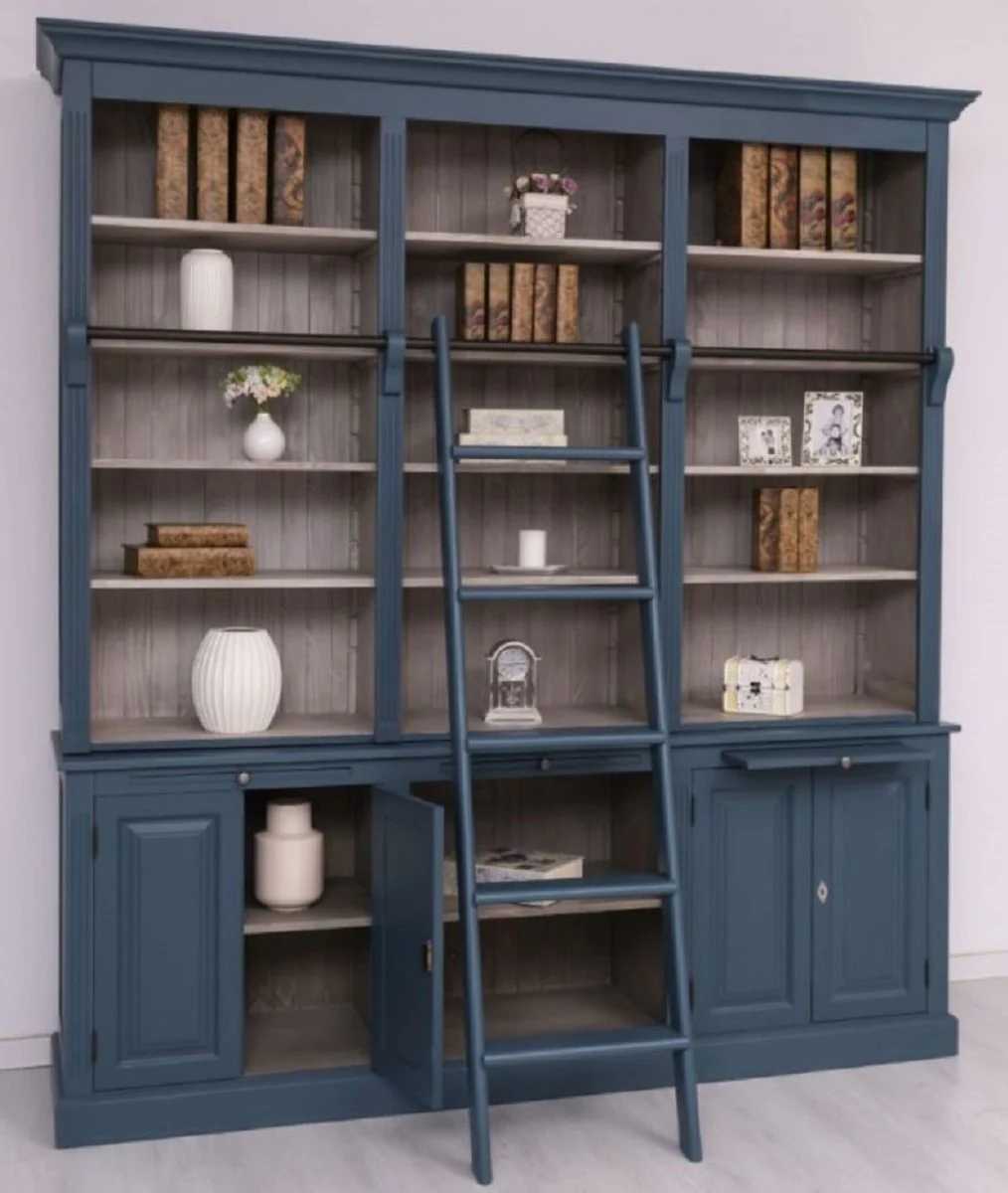Landhausstil Bücherschrank mit Leiter Blau / Grau 229 x 51 x H. 244 cm - Massivholz Schrank - Wohnzimmerschrank - Regalschrank - Büroschrank - Landhausstil Möbel