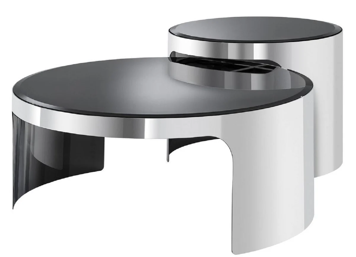 Designer Couchtisch Set Silber / Schwarz - Luxus Edelstahl Wohnzimmertische mit Glasplatten - Luxus Wohnzimmer Möbel
