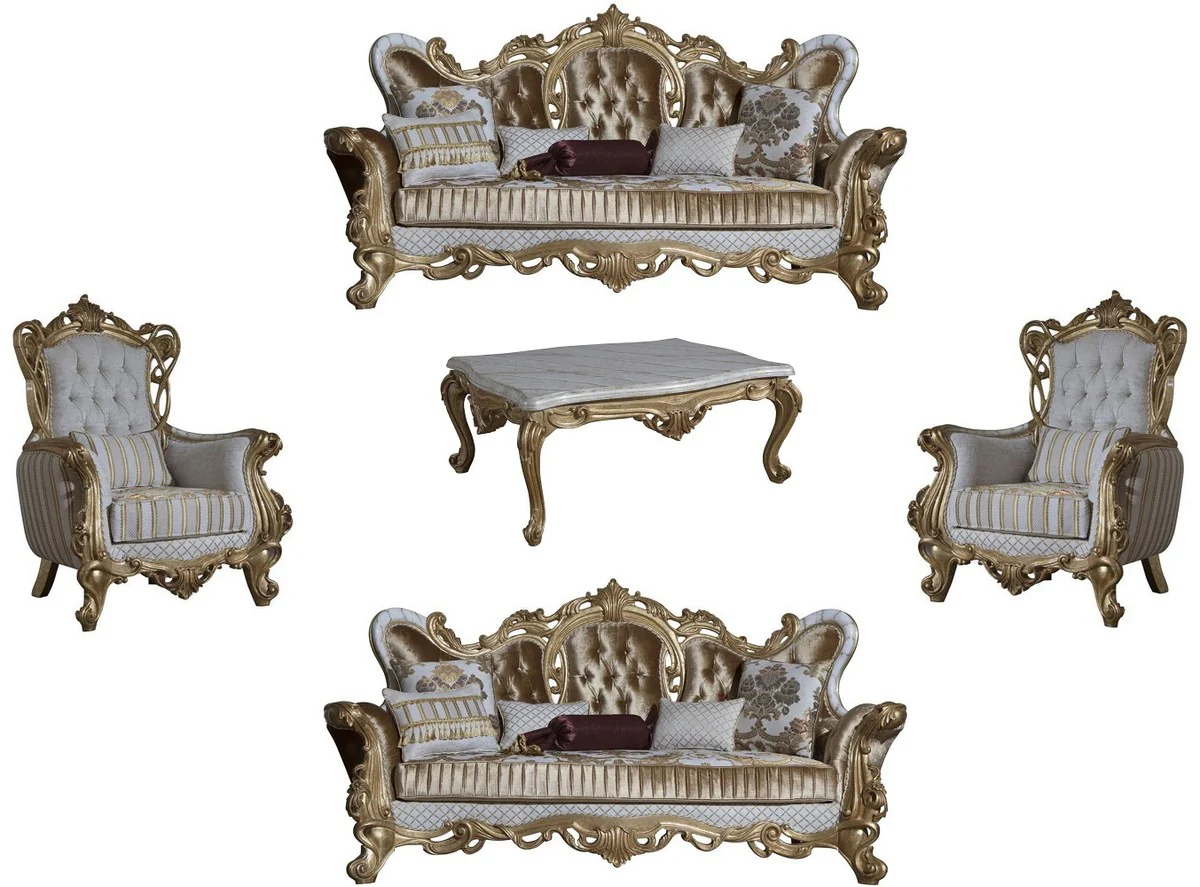 Luxus Barock Wohnzimmer Set Gold / Weiß / Grau / Gold - 2 Sofas & 2 Sessel & 1 Couchtisch - Barock Wohnzimmer Möbel - Edel & Prunkvoll