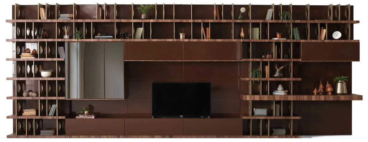 Luxus TV Schrank Dunkelbraun / Braun / Messing 576 x 60 x H. 224 cm - Riesiger Massivholz Wohnzimmer Schrank - Wohnzimmer Möbel - Hotel Möbel - Luxus Möbel