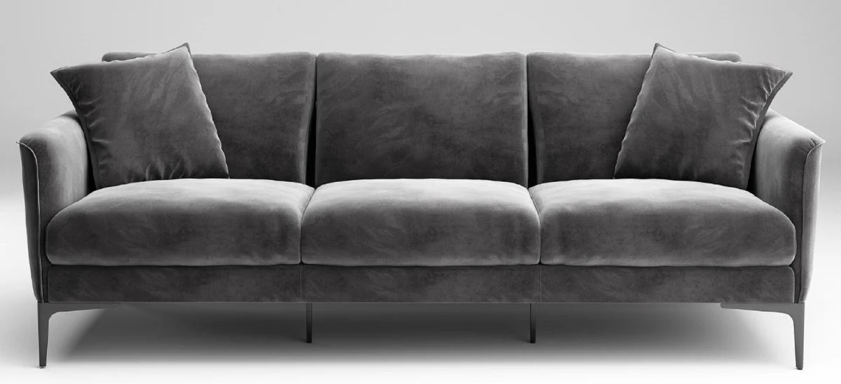 Luxus Sofa Grau / Schwarz 240 x 98 x H. 60 cm - Wohnzimmer Sofa mit edlem Samtstoff - Luxus Wohnzimmer Möbel