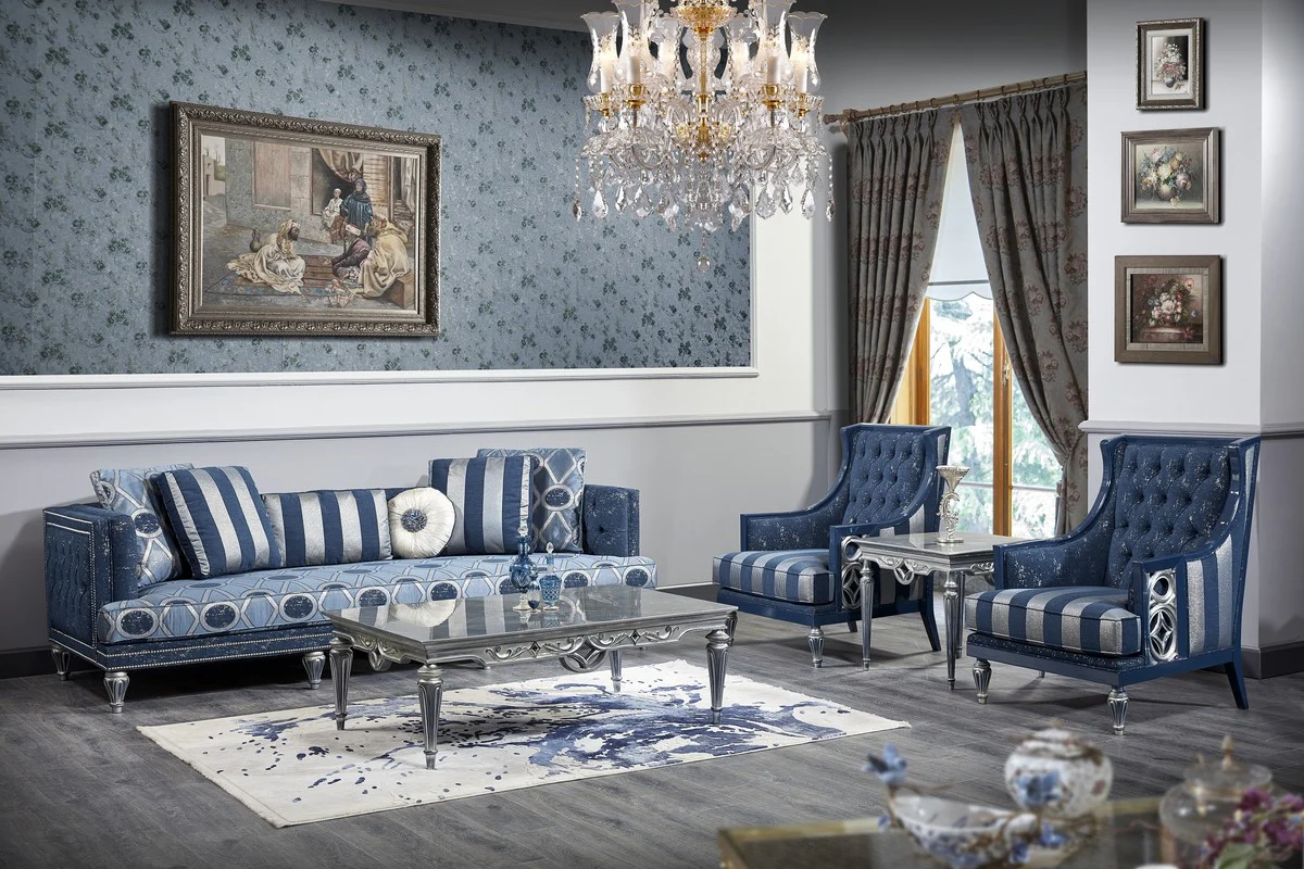 Luxus Barock Wohnzimmer Set Dunkelblau / Hellblau / Silber - Sofa & 2 Sessel & Couchtisch - Barock Wohnzimmermöbel