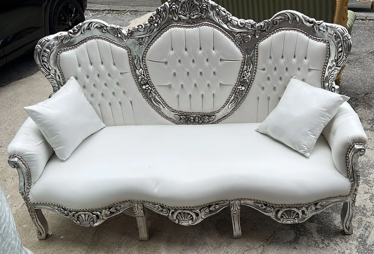 Barock Kunstleder Sofa Weiß / Silber 180 cm - Barock Wohnzimmer Möbel