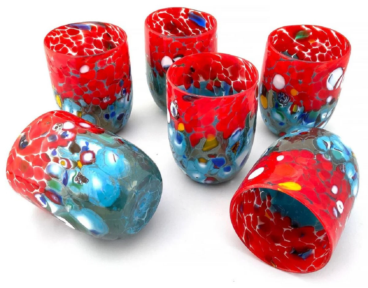 Luxus Murano Kristallglas Wasserglas 6er Set Rot / Türkis Ø 8 x H. 10,5 cm - Made in Italy