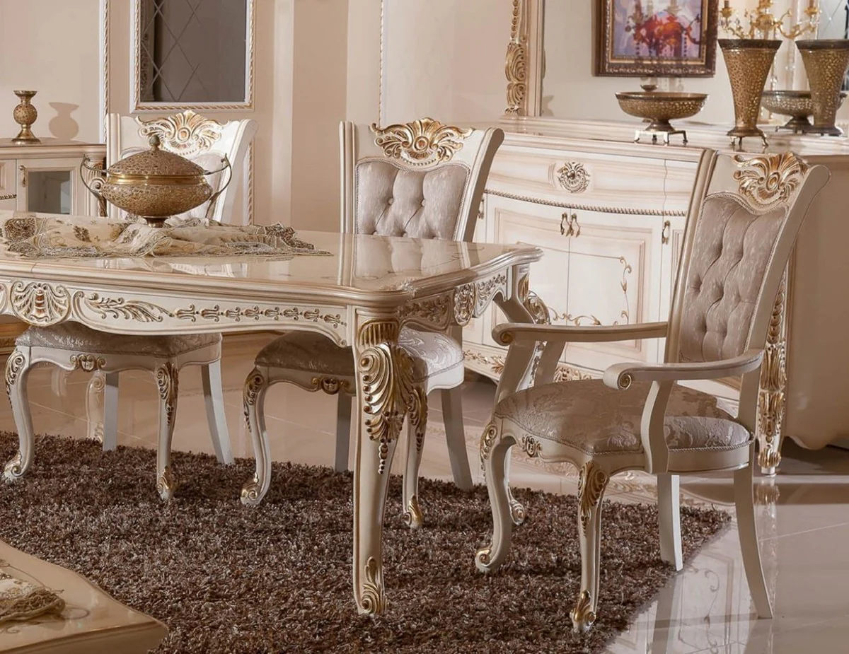 Luxus Barock Esszimmerstuhl 6er Set Grau / Weiß / Beige / Gold - Barockstil Küchenstühle mit Muster - Luxus Esszimmer Möbel im Barockstil - Barock Esszimmer Möbel