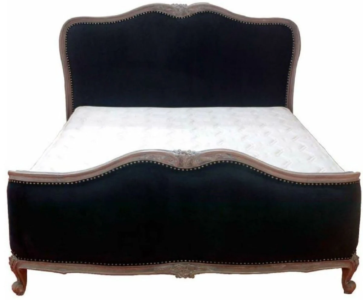 Luxus Barock Doppelbett Schwarz / Antik Braun - Edles Massivholz Bett mit Kopfteil - Barock Schlafzimmer Möbel