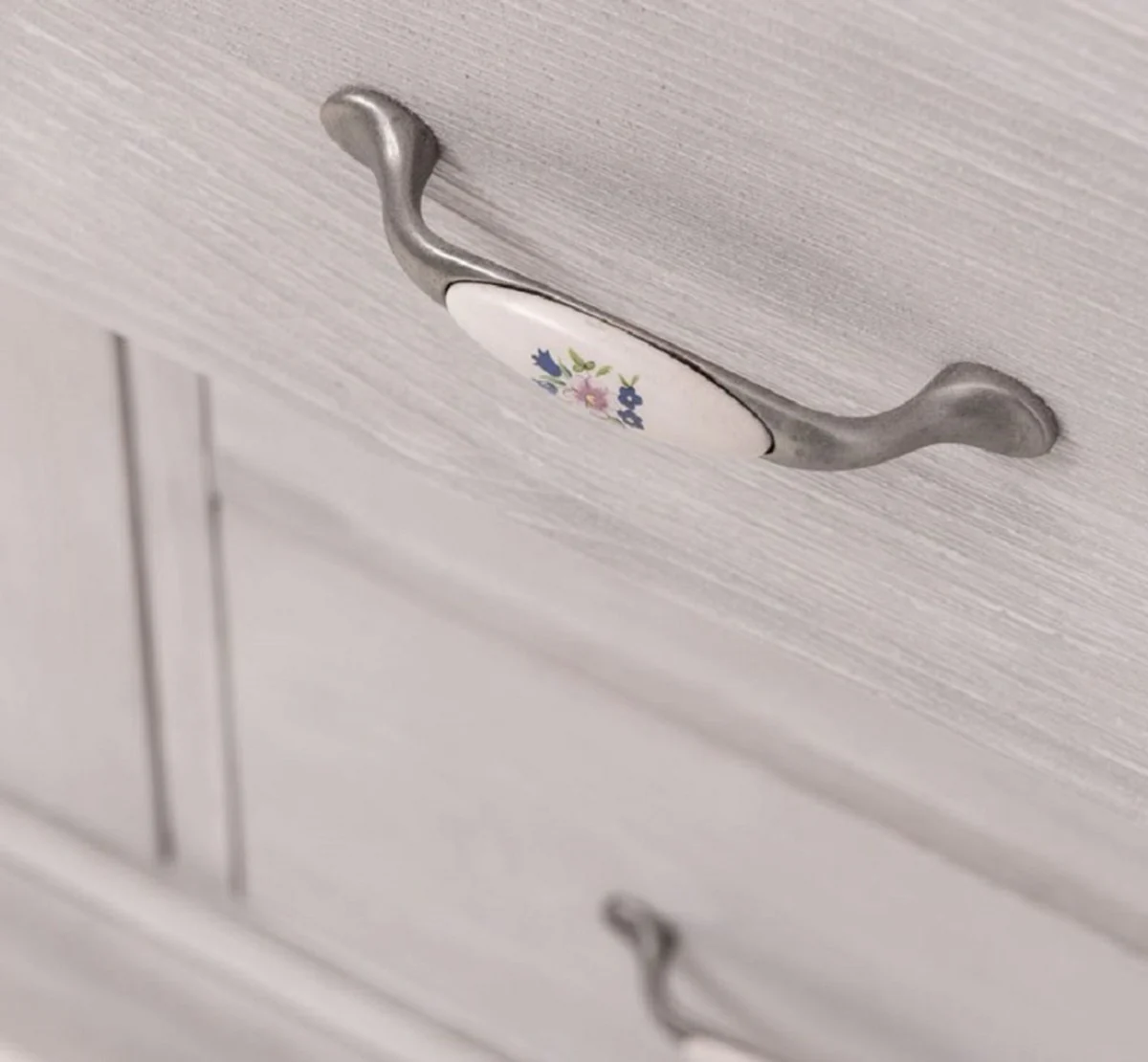 Landhausstil Badezimmer Set Hellgrau - 1 Doppelwaschtisch & 2 Waschbecken & 2 Wasserhähne & 1 Wandspiegel - Massivholz Badezimmer Möbel im Landhausstil