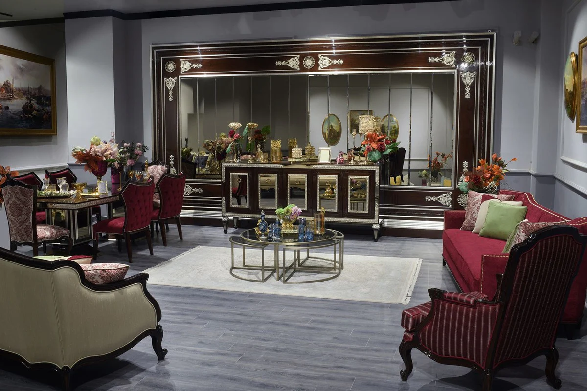 Luxus Barock Esszimmer Set Bordeauxrot / Dunkelbraun / Silber - 1 Esstisch & 6 Esszimmerstühle - Esszimmer Möbel im Barockstil - Edel & Prunkvoll